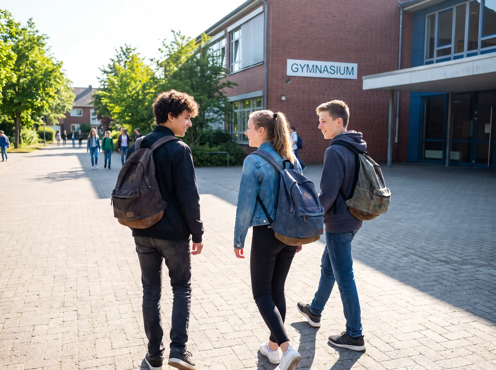 Ein foliertes neunsitziges Schulfahrzeug vor dem Eingang eines Gymnasiums, Schülerinnen und Schüler steigen für eine Exkursion ein.