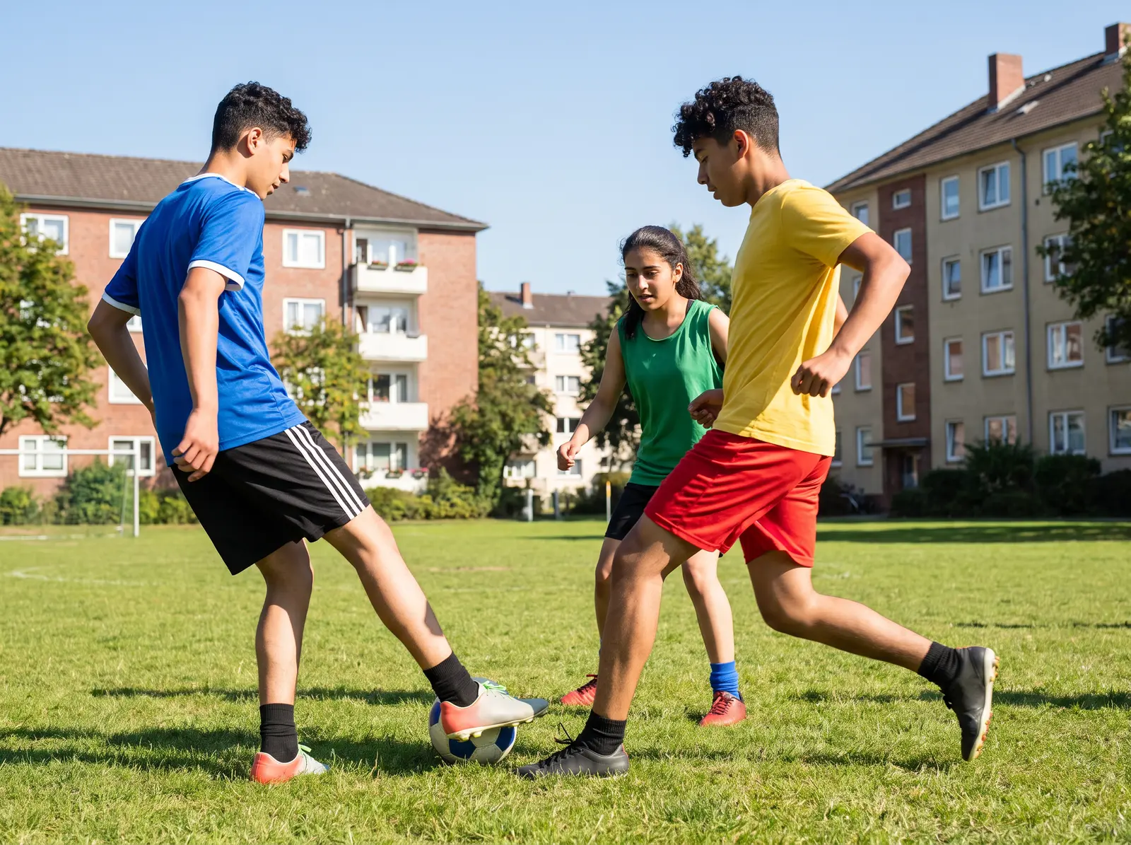 Jugendliche spielen Fußball auf einem Platz im Freien