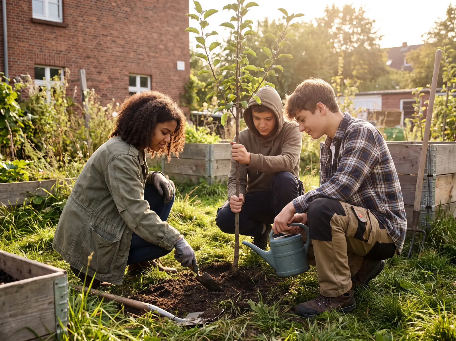 Jugendliche pflanzen gemeinsam einen Baum im Garten einer Einrichtung