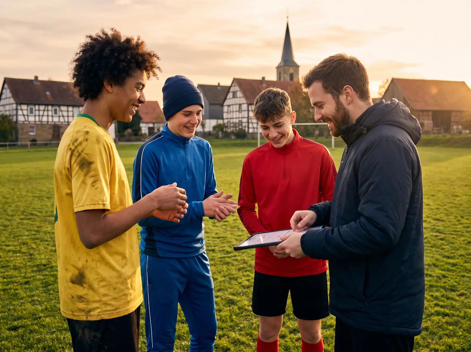 Eine Jugendmannschaft trainiert mit ihrem Trainer auf dem Sportplatz