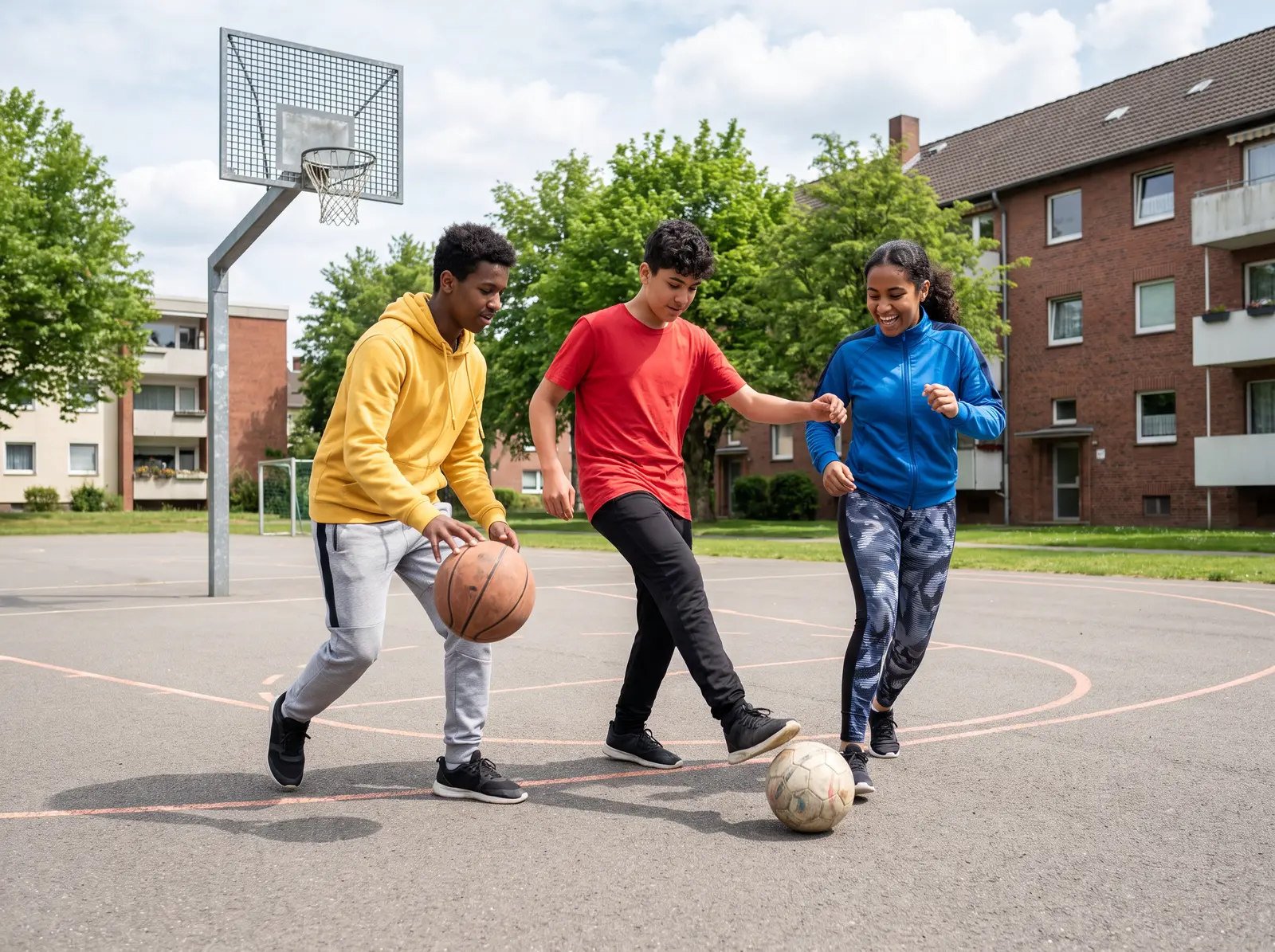 Kinder und Jugendliche beim Spiel an einem aufblasbaren Menschenkicker auf einem Sportfest, Betreuerinnen jubeln am Spielfeldrand.