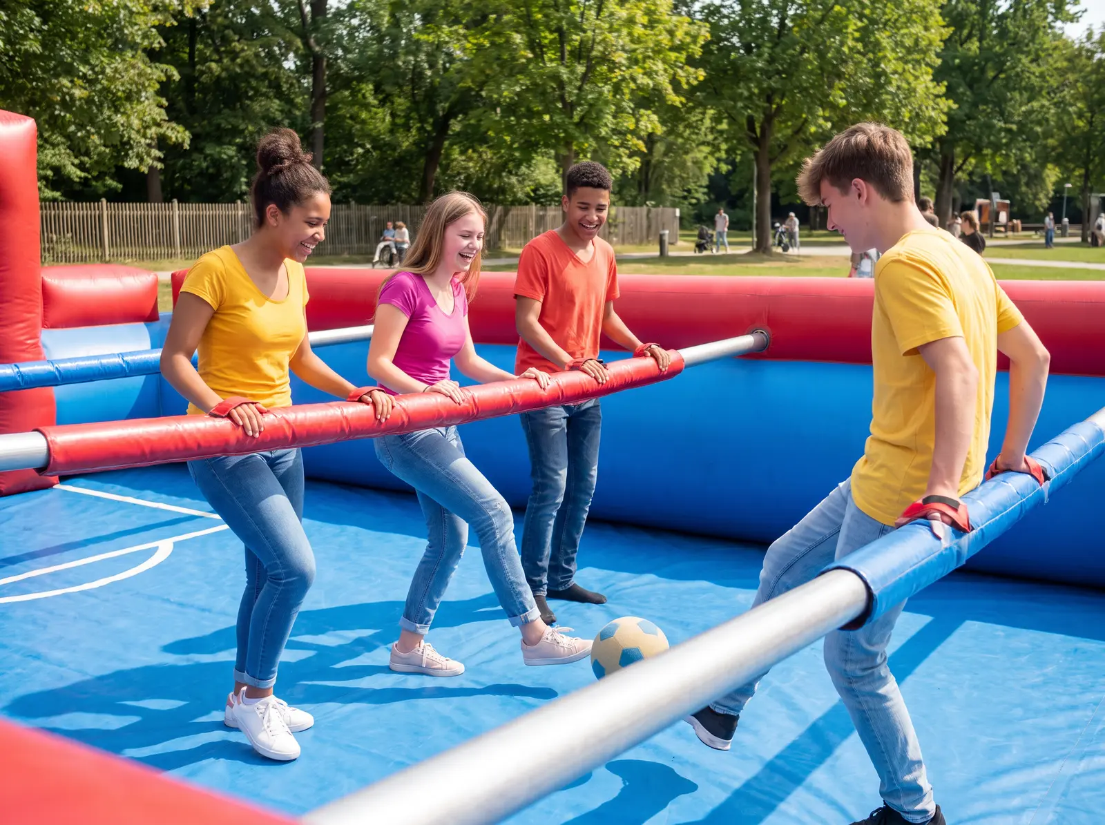 Jugendliche spielen Human Soccer auf einem aufblasbaren Feld