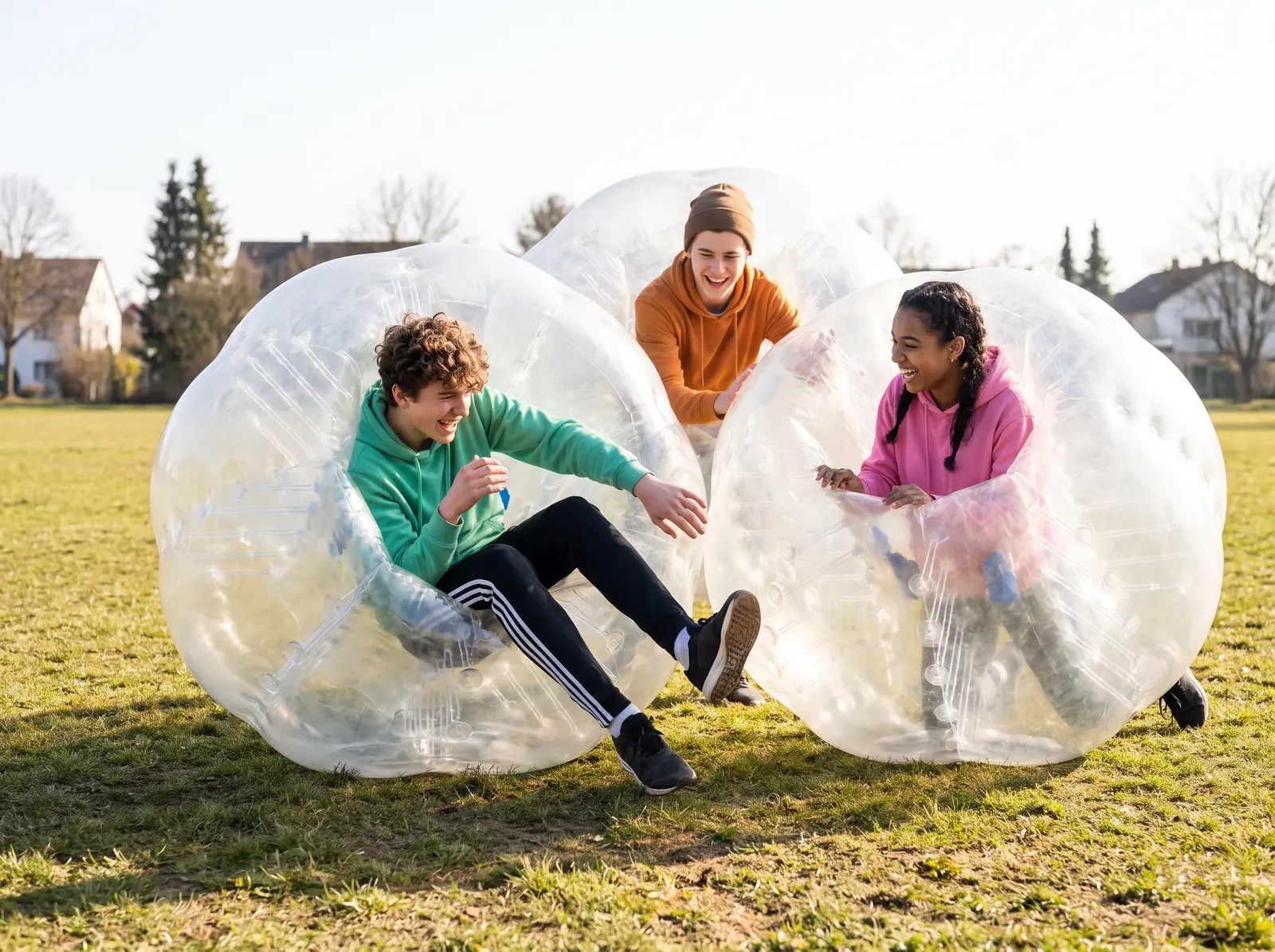 Jugendliche spielen lachend Bubble Soccer auf einer Wiese